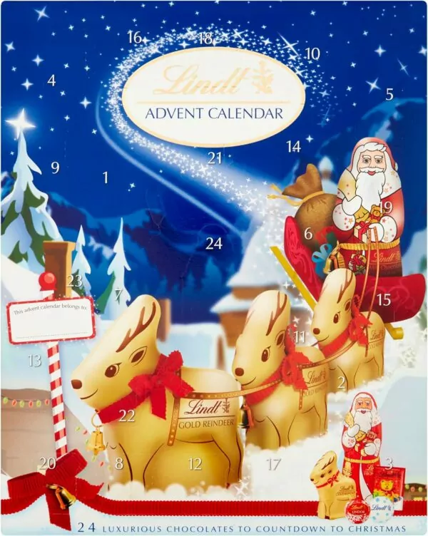 Lindt Milk Chocolate Christmas Advent Calendar 2024 | Medium 160 g | A selection on 24 Finest Christmas Milk Chocolate Figures and Truffles for a Magical Christmas Countdown for Him and Her