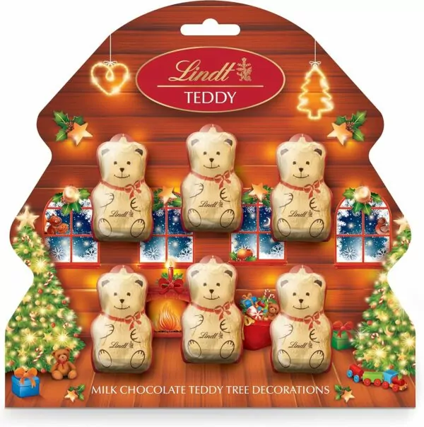 Lindt Milk Chocolate Teddy Gold Christmas Tree Decorations | Contains 6 Teddies, 60g | Stocking Filler for Him and Her | Gift Present for Adults and Kids