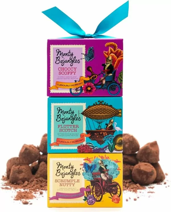 Monty Bojangles Cocoa Dusted Truffles Gift Tower (3 x 100g Pack)- 3 Luxury Chocolate Truffle Boxes - Choccy Scoffy, Scrumple Nutty & Flutter Scotch- The Perfect Chocolate Gift Box Selection