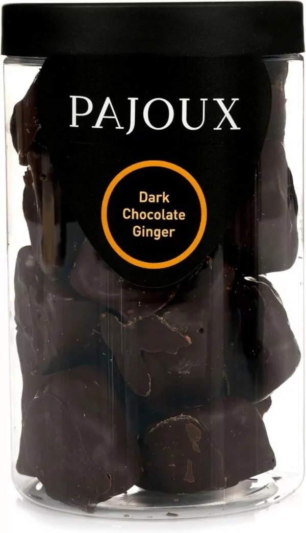 Pajoux Dark Chocolate Ginger Hand-Dipped (Large) 260g | Dark Chocolate Covered Fruit - Crystallised Ginger - Dark Chocolate Coated Ginger - Palm Oil Free - Chocolate in a Gift Jar