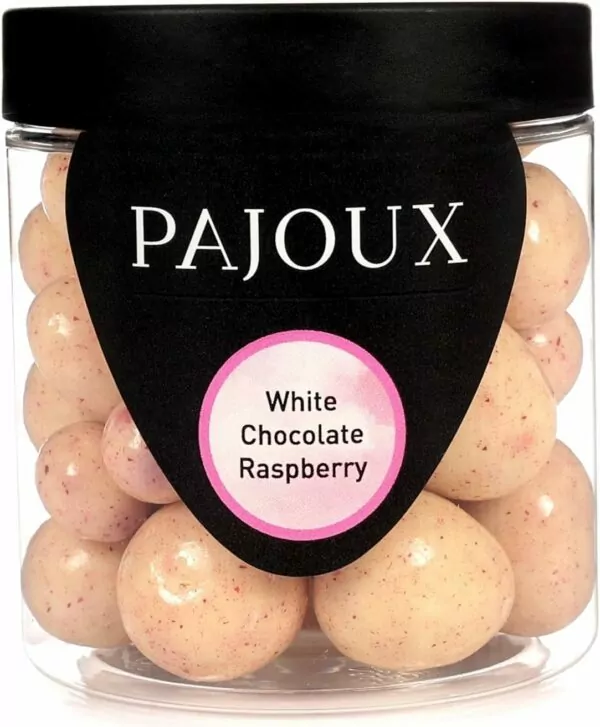 Pajoux White Chocolate Raspberry (Small) 130g | White Chocolate Covered Fruit - Raspberry Chocolate - Raspberry Fruit - Palm Oil Free - Chocolate in a Gift Jar