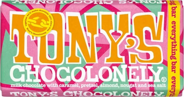 Tony's Chocolonely Everything Bar - Milk Chocolate, Crunchy Caramel, Almonds, Pretzel, Nougat and Sea Salt - 180g, Fairtrade