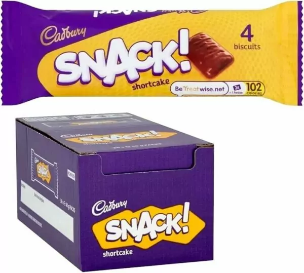 Cadbury Snack Shortcake Chocolate Biscuit 40g x Case of 36 | shortcake biscuits covered in Cadburys milk chocolate | Individually Wrapped - Pack of 4 biscuits | Sold by Essential Products