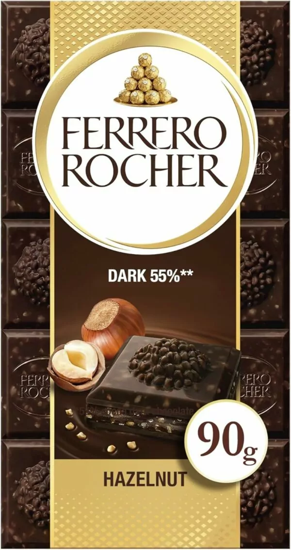 Ferrero Rocher Dark Chocolate and Hazelnut Bar, Chocolate Bars, 55 Percent Dark Chocolate with Crunchy Whole Hazelnut and Cocoa Filling, (90g)