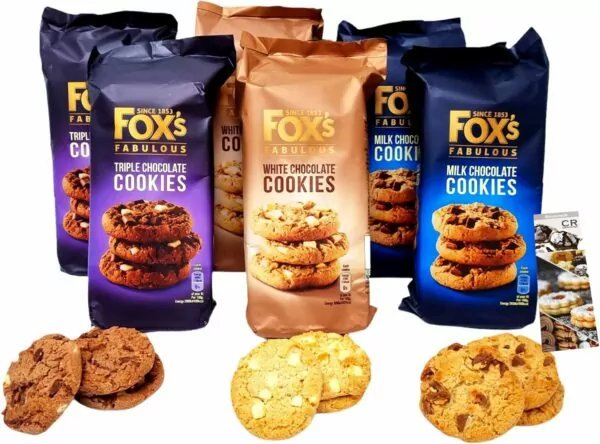 Fox's Fabulous cookies 6 x 180g - 2 x milk chocolate, 2 x triple chocolate, 2 x white chocolate. Biscuits for Special Occasions, to share with friends and family.