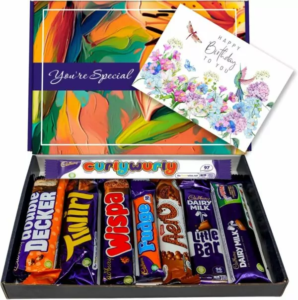 Happy Birthday Chocolate Gift Box - 8 Full Sized Bars - Perfect Letterbox Gift Hamper - Mixture Of Cadbury chocolate & Nestle Aero For Kids - Him and Her