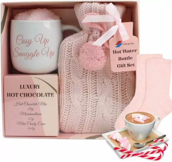 Hot chocolate mug gift set with hot water bottle mini marshmallows and christmas candy cane - cosy hot water bottle and hot chocolate gift set - gift set for women teen adults (Pink)