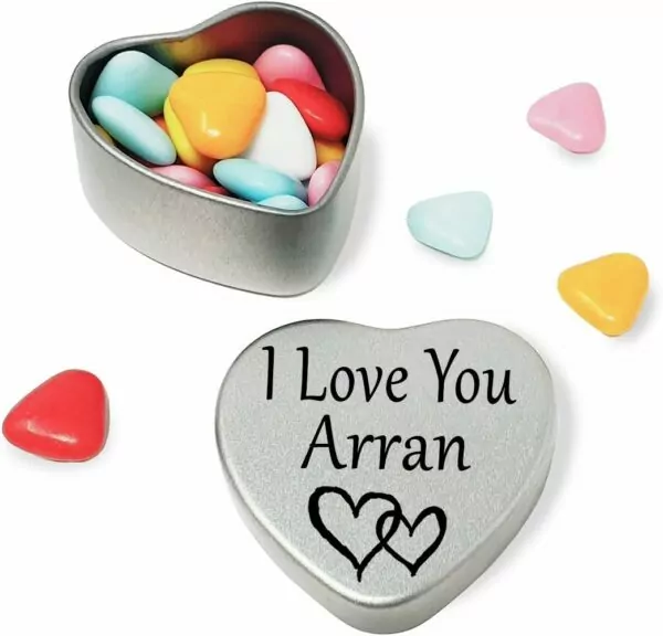 I Love You Arran Mini heart shaped silver gift tin filled with mini chocolates. Great as a birthday present or a gift to show someone special how much you love them