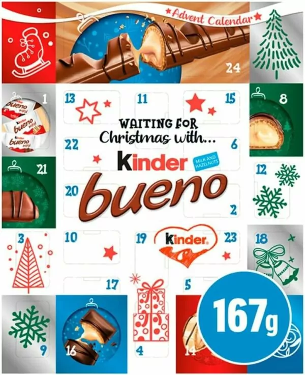 Kinder Bueno Advent Calendar 2024, Christmas Advent, 24 Assorted Milk Chocolate Covered Wafers with Milky and Hazelnut Filling, (167g)