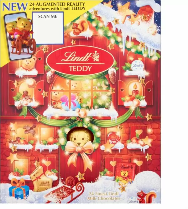 Lindt Teddy Milk Chocolate Christmas Augmented Reality Advent Calendar 2024 | Large 250 g | A Selection of 24 Finest Lindt Milk Chocolate Bear and Friends Advent House for Him and Her