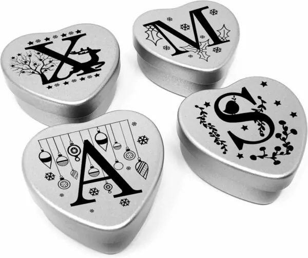 Luxury Christmas Eve 2024 Gift Set of 4 mini chocolate filled heart shaped tins in a small box for family, friends and Xmas Eve celebrations Great secret Santa gifts XMAS letters