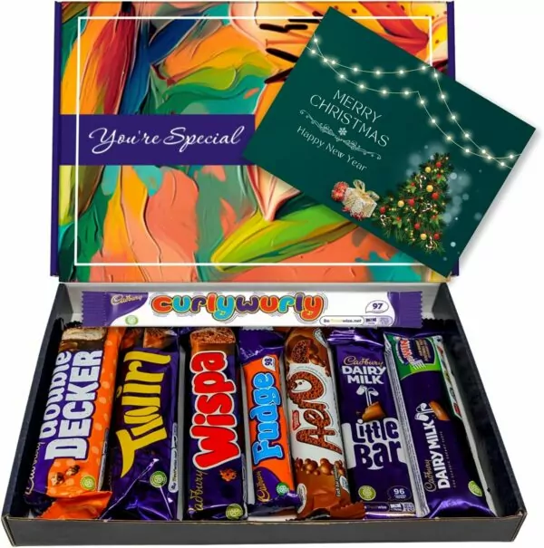 Merry Christmas, Happy New Year Chocolate Gift Box - 8 Full Sized Bars - Perfect Letterbox Gift Hamper -For Kids - Him and Her