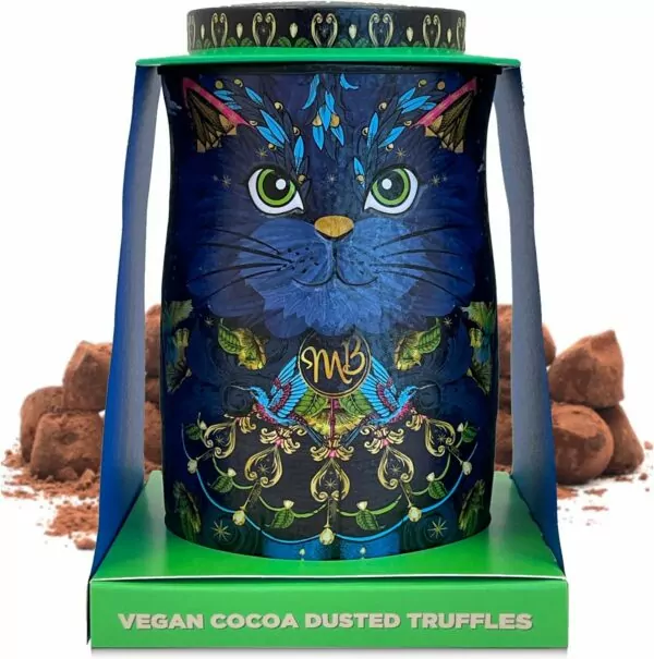 Monty Bojangles Midnight Prince Vegan Cocoa Dusted Truffles Cat Tin (135g) - Cocoa Nib Night Flavoured Luxury Vegan Dark Chocolatey Truffles - Collectable Cat Tin Chocolate Gift With Bespoke Design