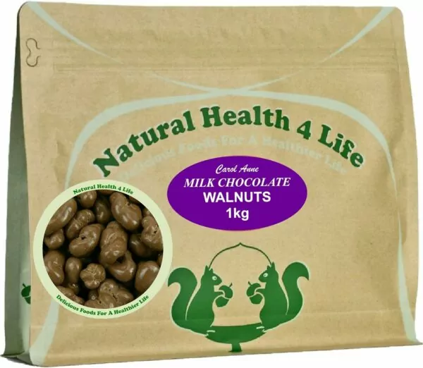 Natural Health 4 Life Carol Anne milk chocolate covered walnuts 1kg in resealable pouch