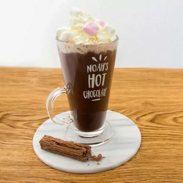 Personalised hot chocolate glass with engraved custom name design. Tall hot cocoa glasses