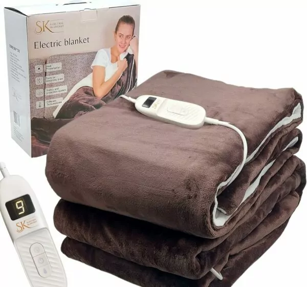 SK Electric Heated Blanket Throw Flannel Fleece Fast Heating Large size 180x130cm,9 Heat Levels, Auto-Off Timer & LED Display, Machine Washable,UK Certified (chocolate)