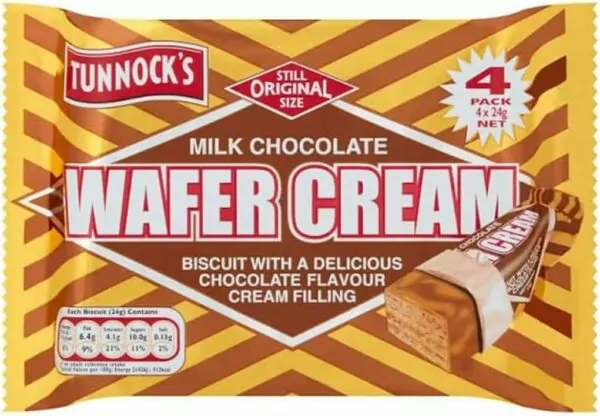 Tunnock's Milk Chocolate Wafer Creams biscuit with a delicious chocolate flavour cream filling , one pack contains 4x24g wafers sold by shanza ltd