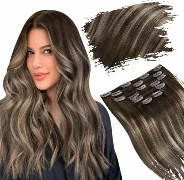 Ugeat Chocolate Brown Balayage Ash Brown Hair Extensions Clip in Brown Ombre Hair Extensions Clip in Real Hair Clip in Extensions Seamless Hair Extensions #4/18/4 16inch