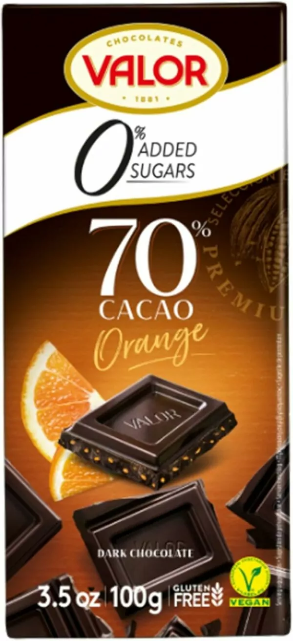 Valor Sugar Free Dark Chocolate Bar - Dark Diabetic Chocolate with Orange Pieces - Smooth Sugar free made with 70% Cacao Sweetened with Stevia, Gluten Free, Vegan, by Master Chocolatiers, 100g Bar