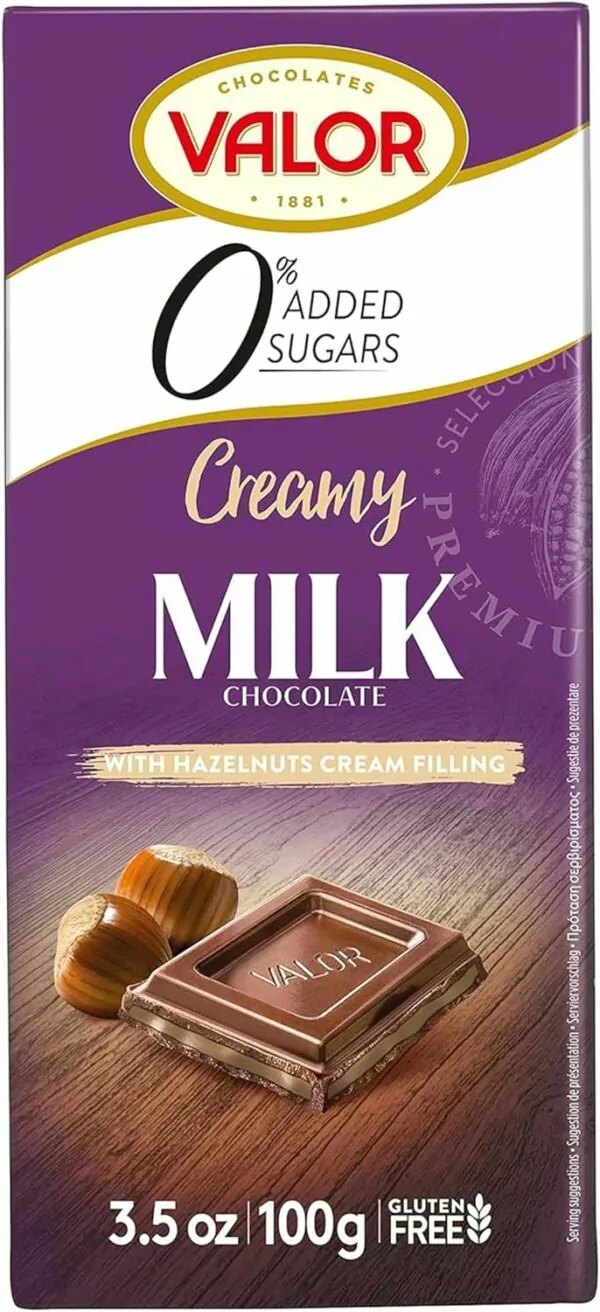 Valor Sugar Free Milk Chocolate Bar - Milk and Hazelnut Cream Diabetic Chocolate Bar - Fine Cocoa, Sweetened with Stevia, Gluten Free, by Master Chocolatiers - All the Pleasure Sugar-Free, 100g Bar